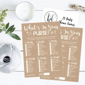 Hadley Designs Hilarious Baby Shower Games Set – 25 What's in Your Purse Baby Shower Game, Fun Sprinkle Themed Bundle Pack of Cards to Play, Gender Neutral and Fun for Boys & Girls (Rustic)