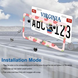 Pink Strawberry License Plate Frame Cute Aluminum License Plate Holder Personalise Car Tags Decorative Car Accessories with Screws for Women Fit Standard Us Canada Vehicles 12.3x6.3 inch