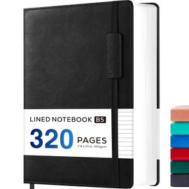 NIRMIRO Lined Journal Notebook, B5 Hardback Leather Notebook Notepad for Women Men Writing Work, Note Book Note Pad with 320 Pages 100gsm Thick Paper, No Bleed, 19 x 25.4 cm, Black
