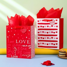 Vammy 13" Large Valentine's Day Gift Bag with Tissue Paper, 2 Pack Paper Gift Bags (Love, Heart) for Valentine's Day Birthday Mother's Day