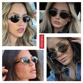 YUELUQU Round Vintage Sunglasses Classic Retro Metal Frame Sunglasses Oval Punk for Women Men Glasses (Gold/grey)