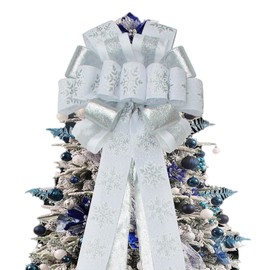 Christmas Tree Topper Glitter Silver Christmas Wreath Bow 53 Inches Large Christmas Toppers Bow with Snowflake Patterned Tree Topper Decoration Bow Christmas Home Indoor Outdoor Decoration