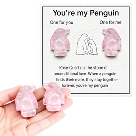 2 Cute Rose Quartz Penguin Healing Crystal Gifts for Women, Anxiety Relief Worry Stones for Stress & Anxiety, Crystal Animal Ornaments for Boyfriend Girlfriend Wife Husband Friendship (His Hers Set)