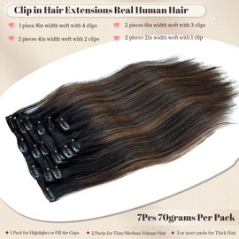 Brown Highlights Clip in Hair Extensions Real Remy Human Hair Natural Black and Chestnut Brown Balayage Clip in Hair Extensions 20 Inch 7PCS 70G Double Weft Ombre Balayage Clip ins for Women