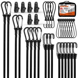 35 PCS Black Bungee Cords Assorted Sizes,Bungee Cords Heavy Duty Outdoor,8",12",18",24",32",40" Bungee Cords with Hook & Carabiner Strap,6 Inch Bungee Balls,Tarp Clips with Carry Bags