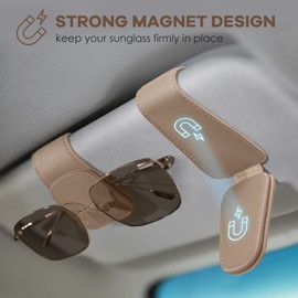 ZYSY Sunglasses Holder for Car Sun Visor, Magnetic Leather Eyeglass Hanger Clip for Car Sun Visor Universal Car Visor Accessories Magnetic Glasses Mount Holder, Ticket Card Clip (Beige)