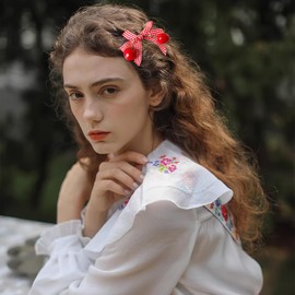 6 Pcs Strawberry Cherry Bow Hair Clips Red White Plaid Ribbon Bowknot Decor Alligator Hair Barrettes Cute Kawaii Christmas Hairpins Hair Accessories for Women Girls