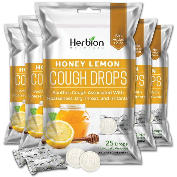 Herbion Naturals Cough Drops with Honey Lemon Flavor ? 25Ct Pouch ??Oral Anesthetic?- Relieves Cough - Soothes Sore Throat & Dry Mouth - for Adults, Children 6 and Above (Pack of 5) (125 Lozenges)