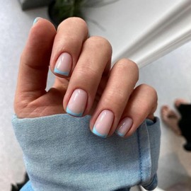 Baby Blue French Tip False Nails - Square Press On Nails Short - French Coffin Fake Nails With Glue - Removable Full Cover Acrylic Stick On nails For Women Daily Wear Nail Art Gifts Accessories