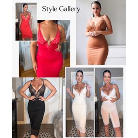 Popilush Women Lace Shapewear Midi Dress 2025 V neck Bodycon Corset Cocktail Party Date Night Dresses Black