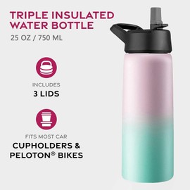 LOFERMA 25 Oz Triple Walled, Insulated Water Bottles with Straw - Stainless Steel Metal Bottle W/ 3 Leak Proof Lids - For Travel, School, Sports, Gym/Men, Women (Dreamy Pink-green)