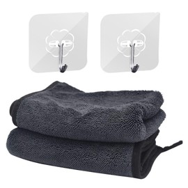 ZGDEIWGF Pack of 2 Absorbent Square Towels, 2 Pieces Transparent Hooks, Microfibre Cloths, Absorbent Car Cleaning Cloths, Bathroom Drying Towels, Thickened Drying Towels, Kitchen Cloths