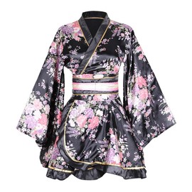 ZNLFS Women's Japanese Kimono Robe Anime Cosplay Costume Dance Yukata Silk Bathrobe Fancy Dress (UK, Alpha, One Size, Regular, Regular, Black)
