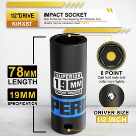 KIRXST 1/2" Drive 19mm Deep Impact Socket, 6 Point CR-V Deep Socket, 78mm Length, Auto Trucks Car Tires Repairing DIY Mechanic Tool