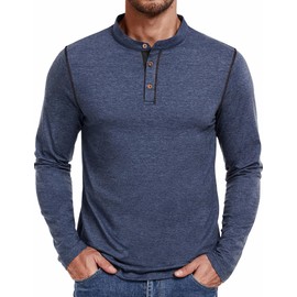 PEGENO Men Henley Shirts Long Sleeve Designed Collared Shirts Contrast Stitching for Men Navy Blue Medium