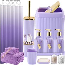 WSBArt 32PCS Bathroom Accessories Set Bathroom Set,Purple Shower Curtain Set,Bath Towel Set,Hand Towel,Toilet Brush,Trash Can & 3PCS Soap Dispenser