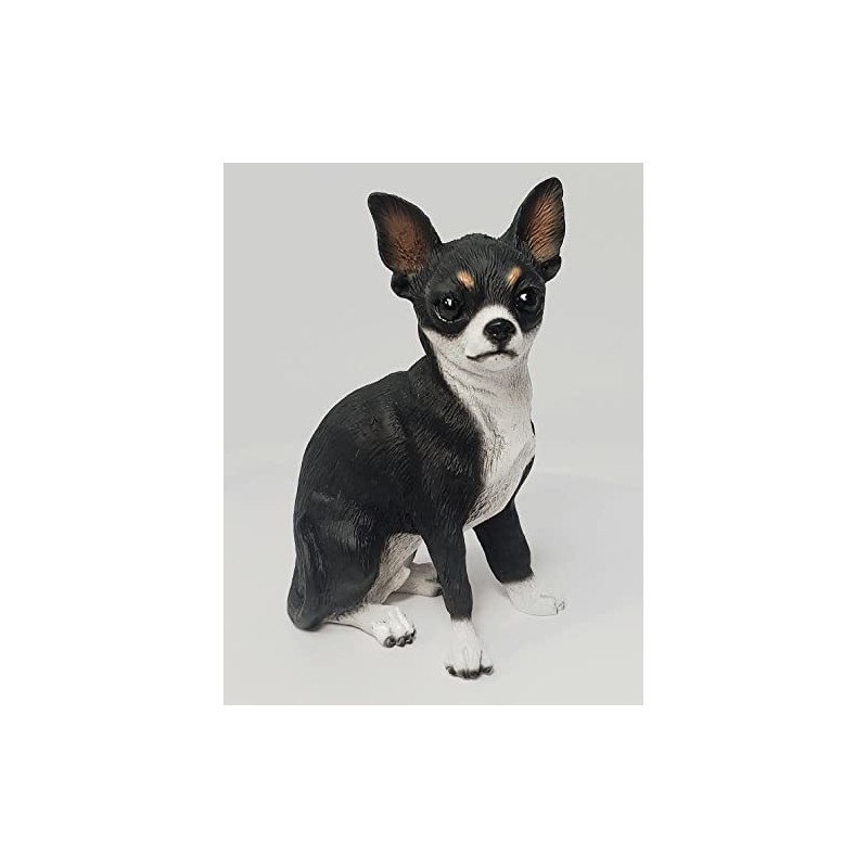 CHIHUAHUA Black White Dog Sits FIGURINE Resin DF06A