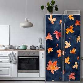 WOOHOOROO Peel and Stick Refrigerator Wrap Fridge Decor Navy Background Leaves Mural Sticker Wall Door Self-Adhesive Removable Decoration 32.67 "W x 78.7 "L,Set of 2 Sheets
