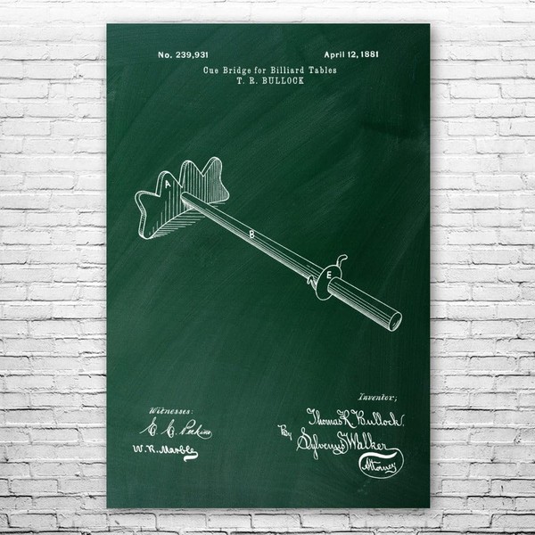 Cue Bridge Patent Print Poster (11x14) Game Room Art, Billiards