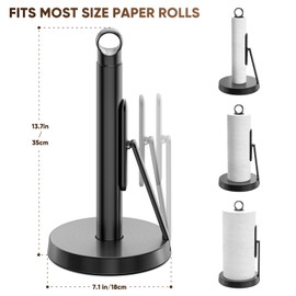 theaoo Heavy-Duty Stainless Steel Paper Towel Holder with Tension Arm – Easy One-Handed Tear, Modern Standing Countertop Dispenser for Kitchen, Holds All Paper Towel Rolls (1, Black)