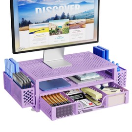 Simple Trending 2 Tier Metal Monitor Stand Monitor riser and Computer Desk Organizer with Drawer and Pen Holder for Laptop, Computer, iMac, Purple