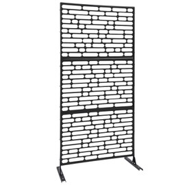 Outdoor Metal Privacy Screen with Stand, 35.4" W x 75" H Freestanding Metal Slatted Decorative Privacy Screen and Panels for Patio Garden Balcony Porch (Black Rounded Rectangle)