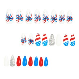 Independence Day Press on Nails Almond Fake Nails with Fireworks designs Acrylic Nails Full Cover American Flag Patriotic Glue on Nails 4th of July False Nails Glitter Stick on Nails for Women 24pcs