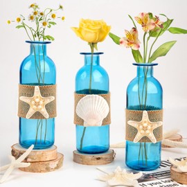 Bud Vases Set of 3 Blue Small Glass Vases, Starfish Shell Crafts Vase, Flowers Vases for Centerpieces, Home Decor Centerpiece for Table, Beach Wedding Coastal Decor