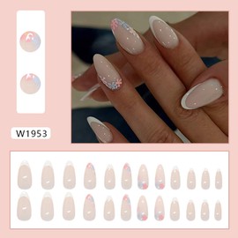 24Pcs Colored Flower Fake Nails Almond Daisy Press on Nails, Milk White French Tip Press on Nails Full Cover Glossy False Nails with Designs Summer Acrylic Nails for Women DIY Manicure Decorations