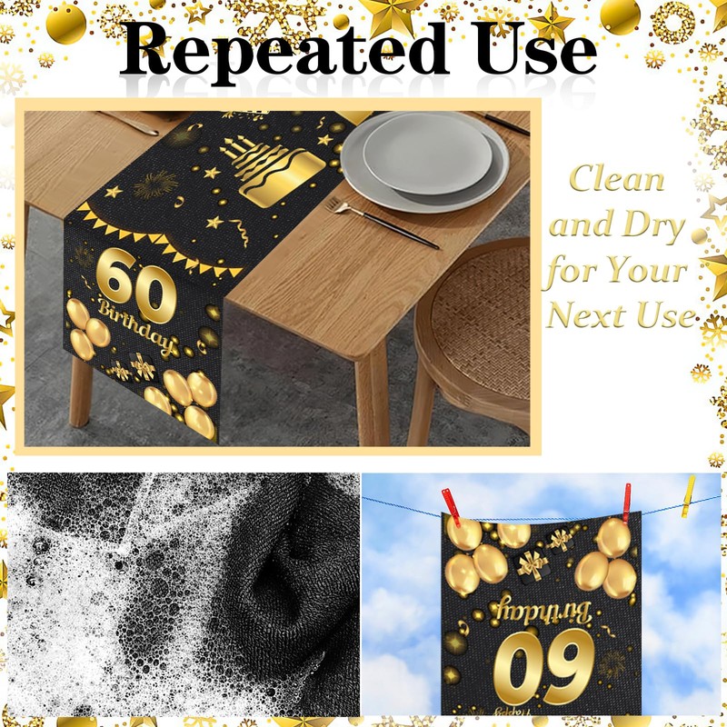 60th Birthday Table Runner, Black Gold Party Birthday Table RunnerTablecloth