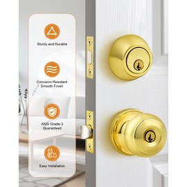 Probrico Door Knob and Single Cylinder Deadbolt Lock Set, Polished Brass Front Door Handle and Deadbolt,Keyed Alike Reversible Deadbolt and Knob Set, Exterior Door Lock Set with Deadbolt,4Pack