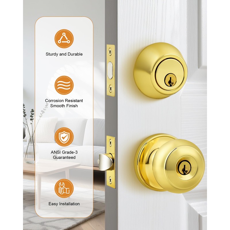 Probrico Door Knob and Single Cylinder Deadbolt Lock Set, Polished