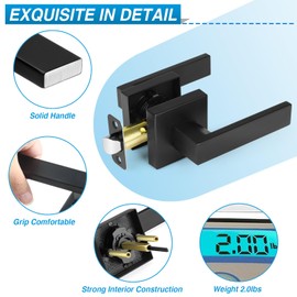 Plustool 4 Pack Matte Black Door Handles, Passage Door Levers for Hallway & Closet, Interior Keyless Door Knobs Heavy Duty Square Non-Locking Handlesets(2.0lb), Reversible for Left & Right Sided Doors