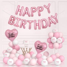 Pink Bow Birthday Decorations Coquette Birthday Decorations-Pink Happy Birthday Balloons, Pink White Balloons, Pink Heart Balloons And Pink Bows For Bow Themed Coquette Birthday Decorations