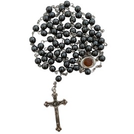 Spring Nahal Catholic Glass Crystal Rosary Necklace - Holy Wooden Beads with Silver Cross for Men and Women - from Jerusalem, Cross Size - 1.5'' x 0.7'', Necklace length 22.8", Zinc, rosa