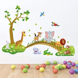 COVPAW® Wall Sticker for Children's Room Jungle Animals Tree Elephant Giraffe Lion Wall Sticker Baby Room Bedroom Wall Decoration