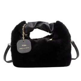 Lakeruta Women's Eco Fur Mini Shoulder Bag, Handbag, Fluffy, Mokomoko, Boa, Shearling, Faux Mink, Black