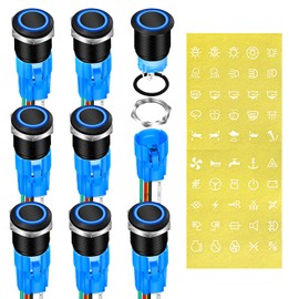 DaierTek 19mm 12V Latching Push Button Switch ON Off Black Metal Pre-Wired 12 Volt Blue Led Light Illuminated Waterproof Button for Marine RV -8 Pack