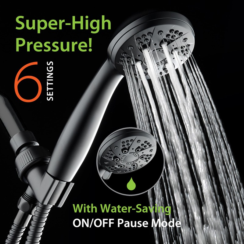 AquaDance High Pressure 6-Setting Matte Black Handheld Shower Head with