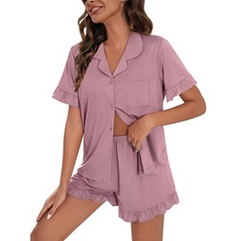 SWOMOG Woman Pajama Set Short Sleeve 2Pcs Soft Modal Sleepwear Button Down Ruffle Hem Pj Set Taro Purple Large Loungeset