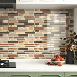 Skyblur Brown Peel and Stick Backsplash for Kitchen Bathroom Self Adhesive Marble Kitchen Backsplash Tiles Peel and Stick Waterproof Brown Subway 3D Wall Tiles Marble Look Wall Sticker 10-Pack 12"x12"