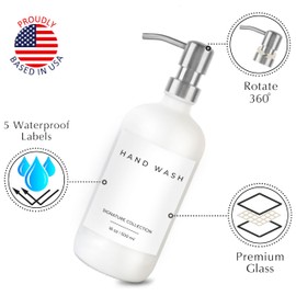 Emerson Essentials Glass Soap Bottle Dispensers, 2 Pack, Stainless-Steel Pumps Rust-Free, Hand Set for Bathroom Kitchen Sink, Liquid Lotion Shampoo with 4 Waterproof Labels, 16 Oz White/Chrome