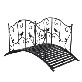 119*67*71cm Black Iron Courtyard Bridge with Bird Pattern Arched Handrail Elegant Garden Ornamentscolor: as picture Color