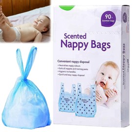 Disposable Nappy Bags, Pack of 90 Baby Disposable Nappy Bags, Baby Disposable Nappy Bags, Scented Nappy Bags, Baby Plastic Nappy Bag, Baby Nappy Bin Bags, Disposable Nappy Bags with Tie Handle