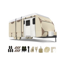 Umbrauto Travel Trailer RV Cover, Upgraded Cooling Top Panel Camper Cover Waterproof Anti-UV Durable Toy Hauler Cover Fits 14-16ft RV with Tongue Jack Cover, Extra Windproof Ropes,Gutter Covers