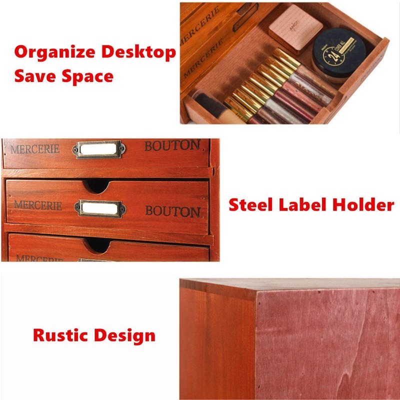 Wooden Storage Box Rustic Desktop Organizer with Drawers/Labels 4 Tier