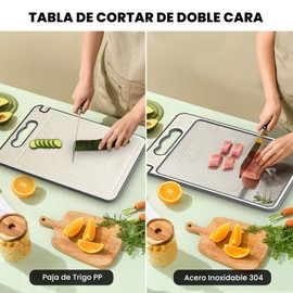 HEEDU 2 IN 1 Tabla de Cortar de Acero Inoxidable, Tablas para Picar Cocina de Doble Cara, Inoxidable 304 y Paja de Trigo PP sin BPA, con Afilador de cuchillos, Fácil de Limpiar, Apto para Lavavajillas