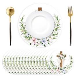 Easter Paper Placemats Disposable 50 Pack Cross Flowers Place Mats 13.4 Inch Round Decorative Spring Lily Flowers Table Mats for Dinner Table Setting Holiday Spring Party Supplies