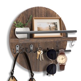 awagas Wooden Key Holder for Wall, 11.8" Rustic Key Rack with Shelf and 8 Hooks, Round Key Hooks Wall Mounted for Entryway Hallway Kitchen Home Decor