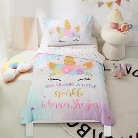 PINNKKU 4-Piece Toddler Bedding Set, Includes 1 Flat Sheet, 1 Fitted Sheet, 1 Comforter and 1 Reversible Pillowcase, Standard Toddler Comforter & Sheet Set, Ultra Soft Toddler Bed Set, Unicorn